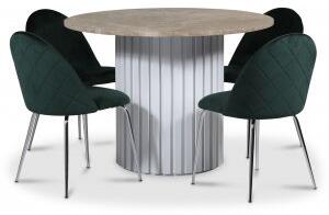 Empire matgrupp Ø105 cm inkl. 4 st Plaza velvet gröna stolar - Empradore marmor / Vit lamell träfot - Matgrupper
