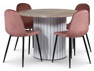 Empire matgrupp Ø105 cm inkl. 4 st Carisma rosa stolar - Empradore marmor / Vit lamell träfot - Matgrupper