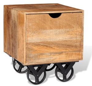 Sidobord med låda och hjul massivt mangoträ 40x40x45 cm