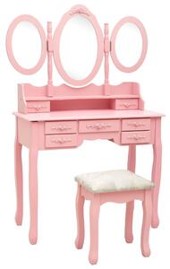 Sminkbord med pall och 3 speglar rosa