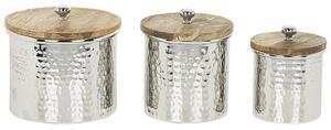 Set av 3 Dekorativa Behållare Silver Aluminium Burkar Trälock Förvaring Beliani
