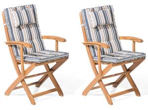 Trädgårsstol 2 st Ljust Akaciaträ med Mörkblåa/Beigea Dynor Hopfällbara Rustik Design Beliani