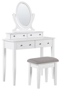 Toalettbord 4 lådor oval spegel och pall vit LUNE Beliani