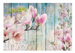 Fototapet - Pink Flowers on Wood - 150x105