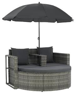 Trädgårdssoffa 2-sits med dynor & parasoll konstrotting grå