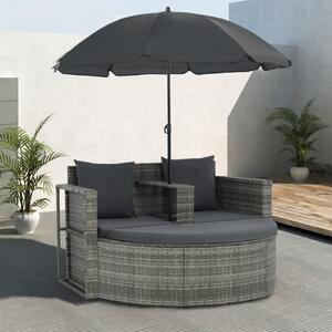 Trädgårdssoffa 2-sits med dynor & parasoll konstrotting grå
