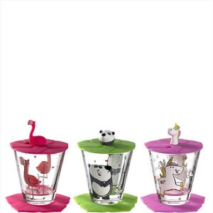 BAMBINI Set om 3 glas, lock & underlägg (Flamingo, Enhörning, Panda)