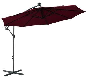 Frihängande parasoll med LED och stålstång vinröd