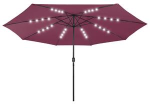 Parasoll med LED-lampor och metallstång 400 cm vinröd