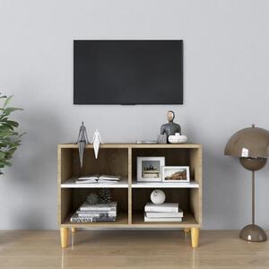 TV-bänk med massiva ben vit och sonoma-ek 69,5x30x50 cm