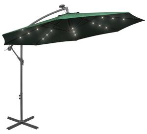 Hängande parasoll med LED-belysning 300 cm grön metallstång