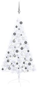 Halv plastgran med LED och julgranskulor vit 120 cm