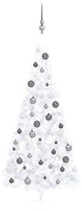 Halv plastgran med LED och julgranskulor vit 240 cm