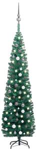 Smal plastgran med LED och julgranskulor grön 210 cm