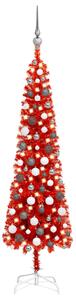 Plastgran smal med LED och julgranskulor röd 150 cm