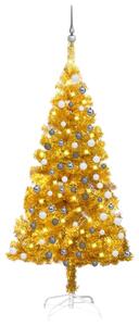 Plastgran med LED och julgranskulor guld 150 cm PET