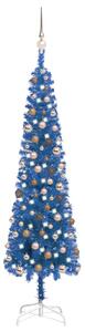 Plastgran smal med LED och julgranskulor blå 180 cm