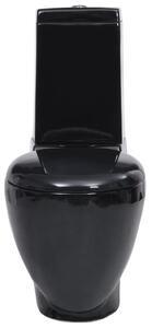 Keramisk toalettstol rund vattenutlopp i botten svart