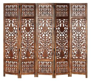 Rumsavdelare 5 paneler handsnidad brun 200x165 cm mangoträ - Brun