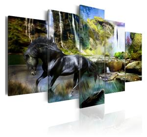 Tavla Black Horse Background Of Paradise Waterfall 200x100 - Artgeist sp. z o. o