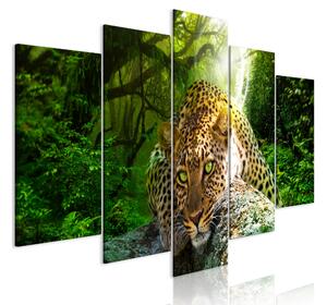 Tavla Leopard Lying 5 Parts Wide Green 100x50 - Artgeist sp. z o. o