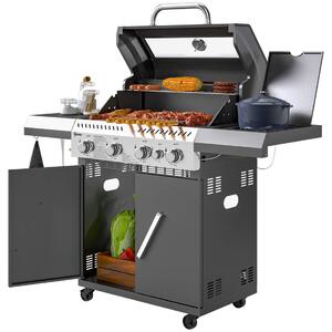 Gasgrill 12 KW grillvagn inklusive 5 brännare sida spis rull tryckreducerare lock gasslang 2 värmezoner termometer sidohyllor, B