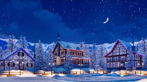 Fotografi Snowbound alpine mountain town at winter night, Marseas