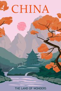 Illustration China vintage poster autumn landscape mountains, VectorUp