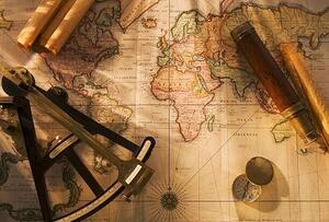 Fotografi Octant, compass and telescope on nautical map, Tetra Images