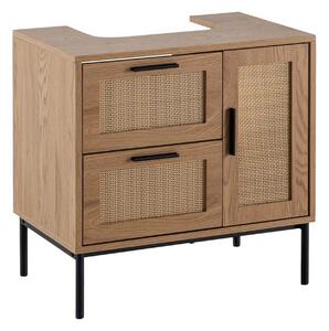 Tvättställsskåp Wohnling melaminbelagd MDF, ek-optik, rottingfront, metallben, modern loftstil 1 dörr, 3 lådor - 1 dörr, 3 lådor