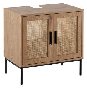Tvättställsskåp Wohnling melaminbelagd MDF, ek-optik, rottingfront, metallben, modern loftstil 2 dörrar - 2 dörrar