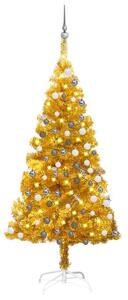 Plastgran med LED och julgranskulor guld 150 cm PET -