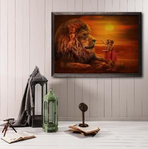 Girls Looking At Lion Foto Orange - 70x50 cm