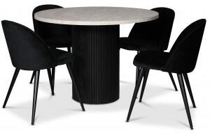 Decibel matgrupp runt matbord i travertin + 4 st Alice stolar svart sammet - Matgrupper