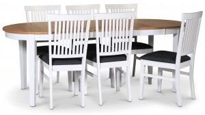 Fårö matgrupp matbord 160/210x90 cm - Vit / oljad ek med 6 st Fårö stolar med sits i grått tyg