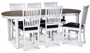 Skagen matgrupp matbord 160/210x90 cm - Vit / brunoljad ek med 6 st Fårö stolar med svart PU-sits