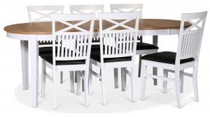 Fårö matgrupp matbord 160/210x90 cm - Vit / oljad ek med 6 st Fårö stolar med kryss i ryggen, sits i svart PU