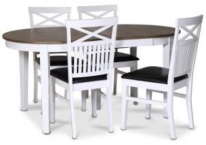 Skagen matgrupp matbord 160/210x90 cm - Vit / brunoljad ek med 4 st Fårö stolar med kryss, PU sits