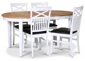Fårö matgrupp matbord 160/210x90 cm - Vit / oljad ek med 4 st Fårö stolar kryss i ryggen och sits i svart PU