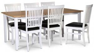 Fårö matgrupp matbord 180x90 cm - Vit / oljad ek med 6 st Fårö matstolar med ribbor i ryggen, sits i svart PU