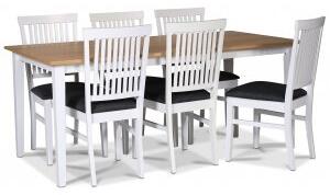Fårö matgrupp matbord 180x90 cm - Vit / oljad ek med 6 st Fårö matstolar med ribbor i ryggen, sits i grått tyg