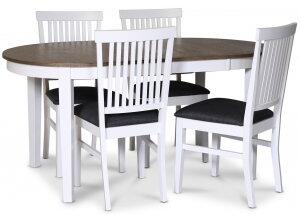 Skagen matgrupp matbord 160/210x90 cm - Vit / brunoljad ek med 4 st Fårö stolar med grå tygsits