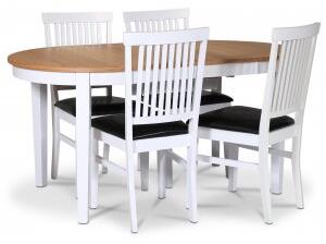 Fårö matgrupp matbord 160/210x90 cm - Vit / oljad ek med 4 st Fårö stolar med svart PU-sits