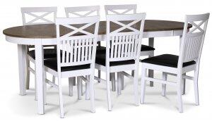 Skagen matgrupp matbord 160/210x90 cm - Vit / brunoljad ek med 6 st Fårö stolar med kryss i ryggen och svart PU-sits