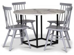 Sintorp matgrupp, runt matbord Ø115 cm inkl 4 st grå Orust pinnstolar - Vit marmor