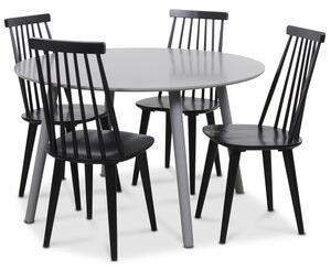 Rosvik matgrupp grått runt bord med 4 st svarta Dalsland Pinnstolar - Grå / Svarta + Fläckborttagare för möbler