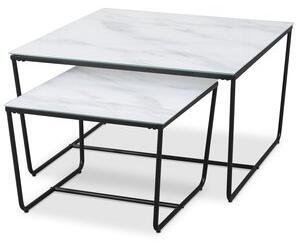 Stella Satsbord 75 x 75 cm - Vitt marmorerat glas / Svart underrede - Soffbord i marmor, Marmorbord, Bord