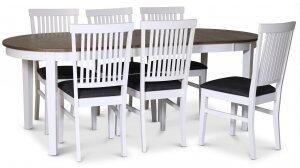 Skagen matgrupp matbord 160/210x90 cm - Vit / brunoljad ek med 6 st Fårö stolar med grå tygsits