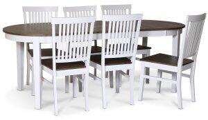 Skagen matgrupp matbord 160/210x90 cm - Vit / brunoljad ek med 6 st Skagen stolar med brun sits