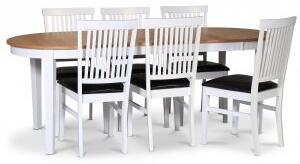Fårö matgrupp matbord 160/210x90 cm - Vit / oljad ek med 6 st Fårö stolar med sits i svart PU